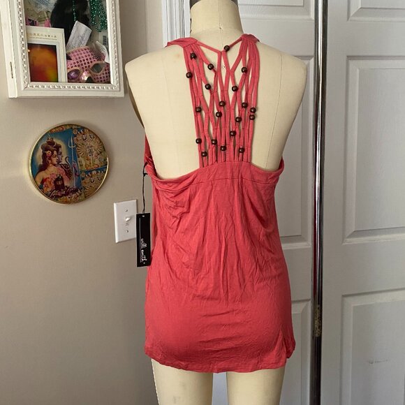WILLI SMITH Coral Beaded Fishnet Crochet Racerback Y2K Tunic Tank *LARGE* - Picture 4 of 6